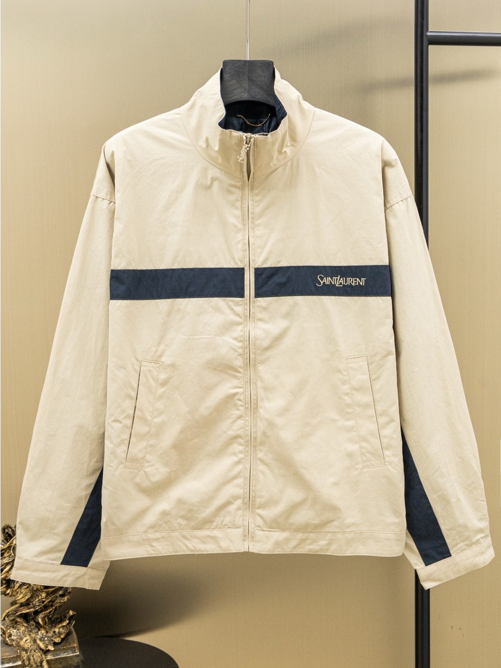 Saint Laurent Beige Jacket with Navy Horizontal Stripe